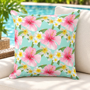 Tropical Hibiscus Plumeria Pattern Aqua Outdoor Pillow
