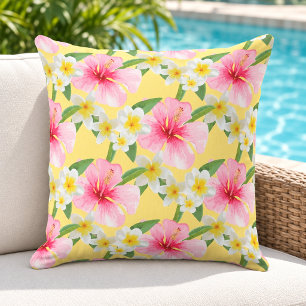 Tropical Hibiscus Plumeria Pattern Yellow Outdoor Pillow