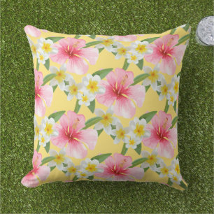 Tropical Hibiscus Plumeria Pattern Yellow Outdoor Pillow