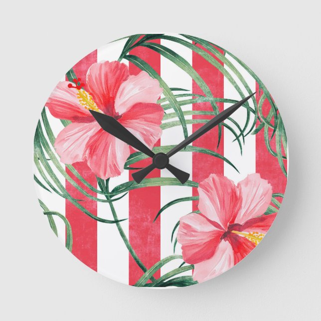 Tropical Hibiscus Red Stripes Round Clock (Front)
