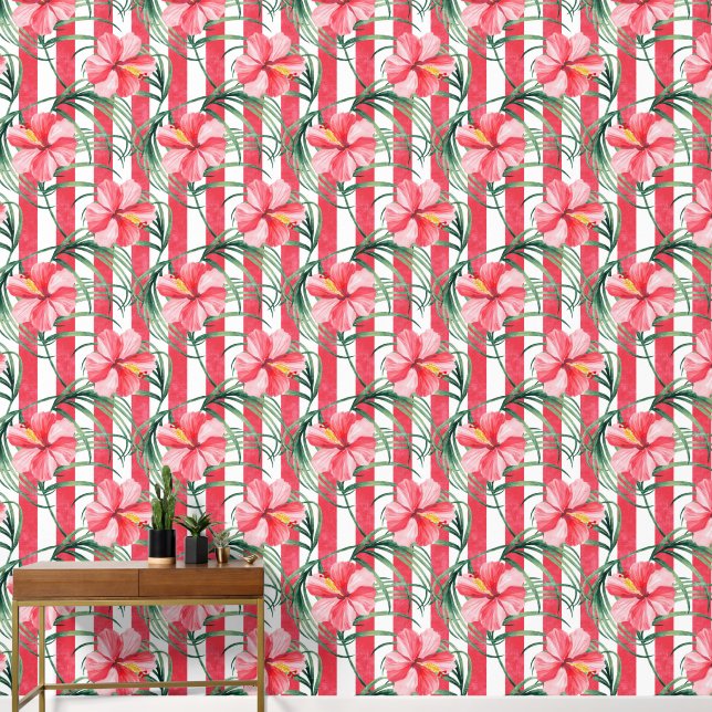 Tropical Hibiscus Red Stripes Wallpaper (Hallway)