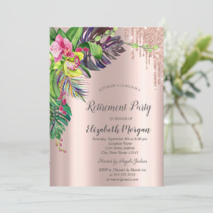 Tropical Hibiscus Rose Gold Drips Retirement Invitation