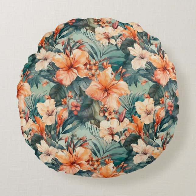 Tropical Hibiscus Round Throw Pillow (Front)