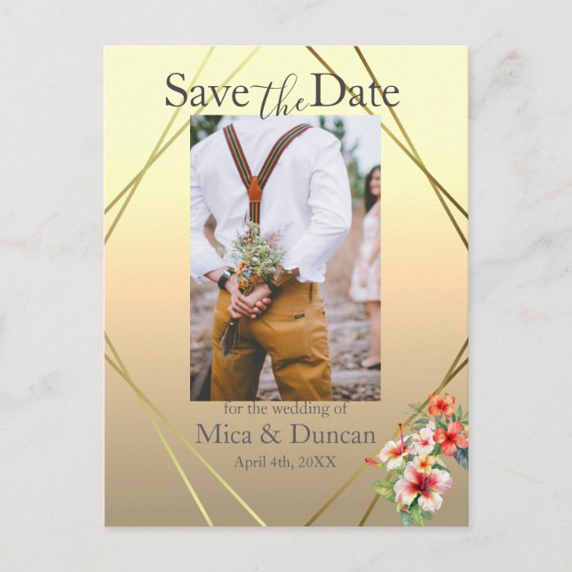 Tropical Hibiscus Save the Date Photo QR Code Postcard (Front)