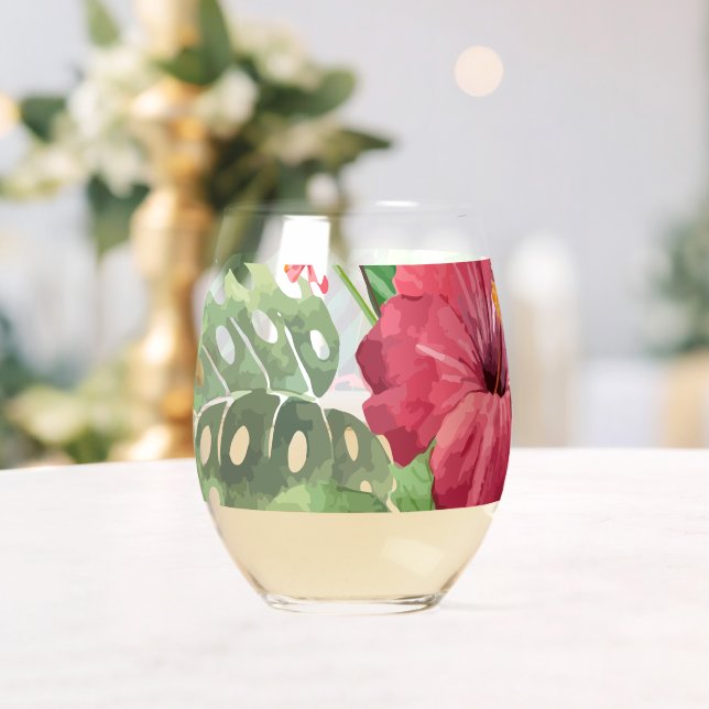 Tropical Hibiscus Stemless Wine Glass (Insitu (Wedding))