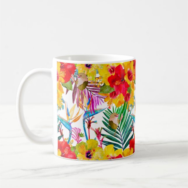 Tropical Hibiscus Summer Pattern Coffee Mug (Left)
