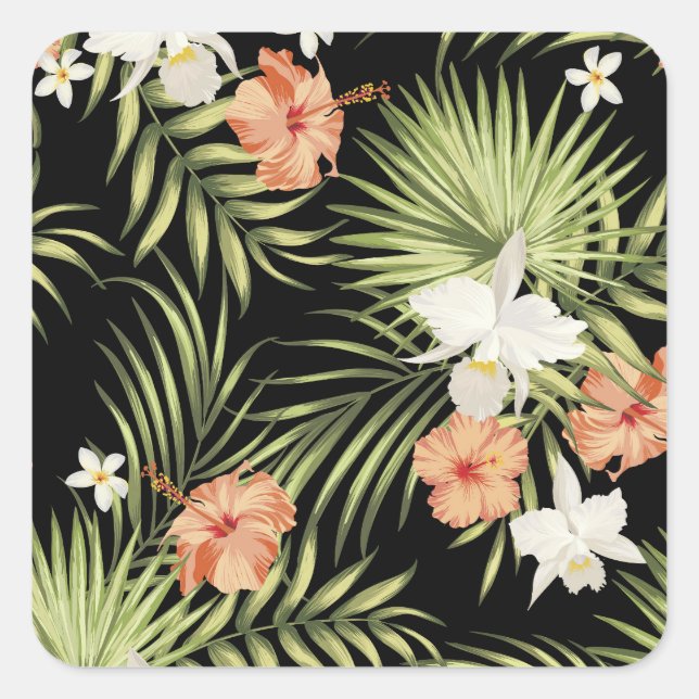 Tropical Hibiscus: Vintage Floral Pattern Square Sticker (Front)