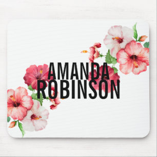 Tropical Hibiscus Vintage Florals Bold Text black Mouse Pad