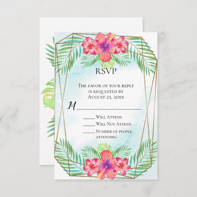 Tropical Hibiscus Watercolor Beach Wedding RSVP Invitation (Front/Back)