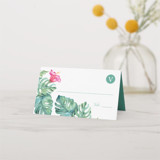 Tropical Hibiscus & Watercolor Greenery Wedding Place Card (Front)