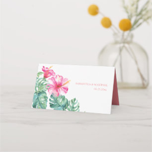 Tropical Hibiscus & Watercolor Greenery Wedding Place Card