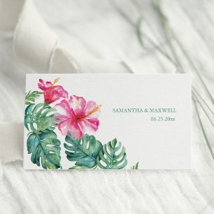 Tropical Hibiscus & Watercolor Greenery Wedding Place Card