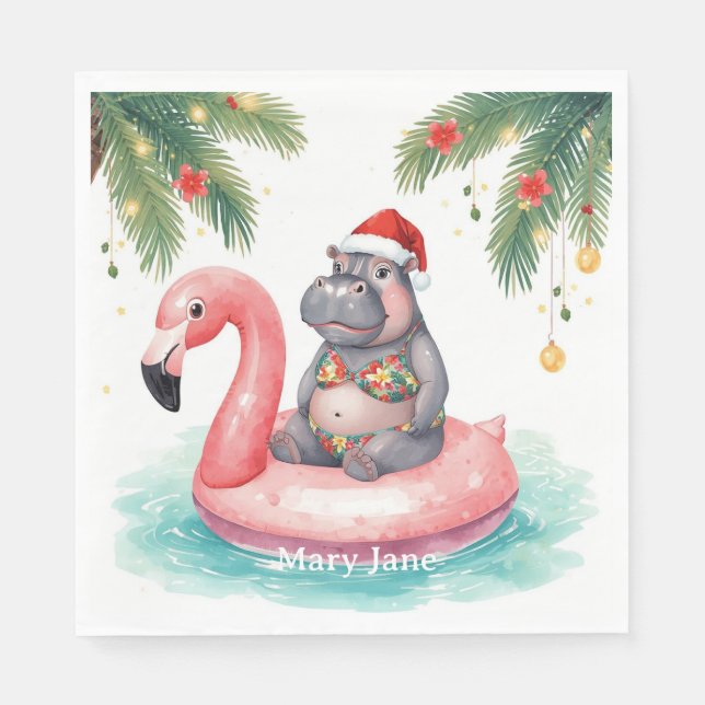 Tropical Hippo Christmas Pool Party   Napkin (Front)