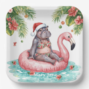Tropical Hippo Christmas Pool Party Paper Plate