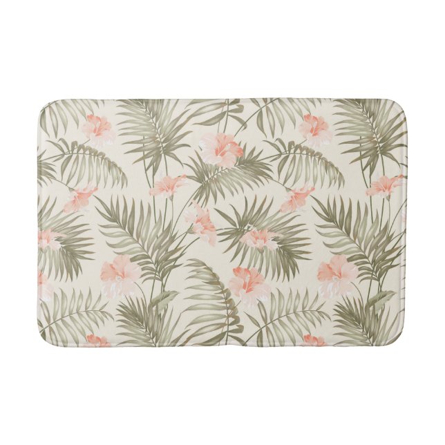 Tropical Hisbiscus Palm Tree Pattern Bath Mat (Front)