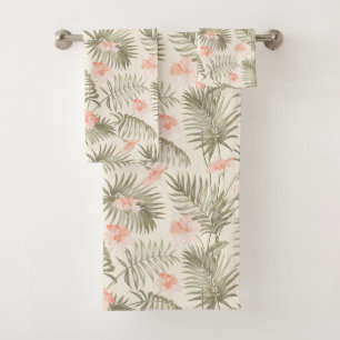 Tropical Hisbiscus Palm Tree Pattern Bath Towel Set
