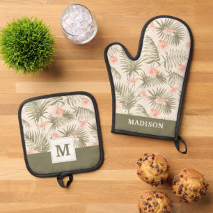 Tropical Hisbiscus Palm Tree Pattern Oven Mitt & Pot Holder Set