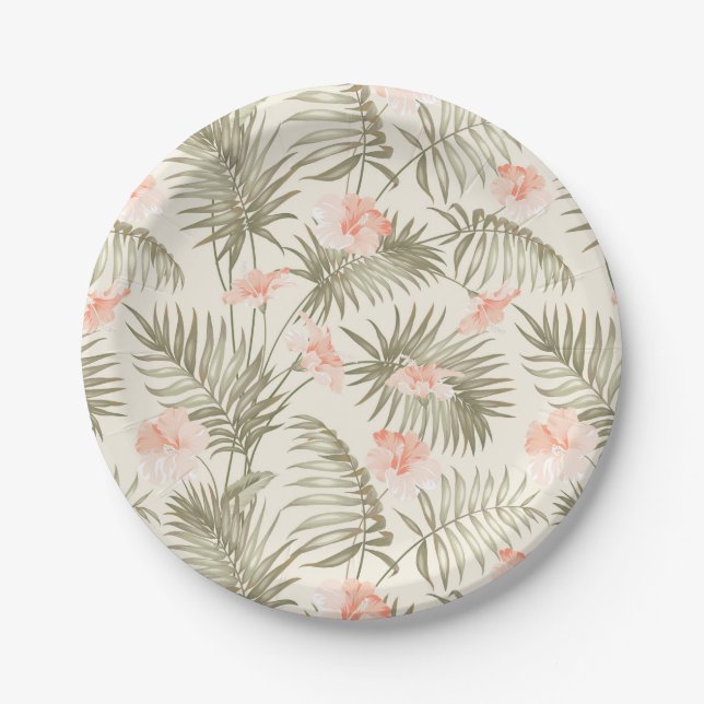 Tropical Hisbiscus Palm Tree Pattern Paper Plate (Front)