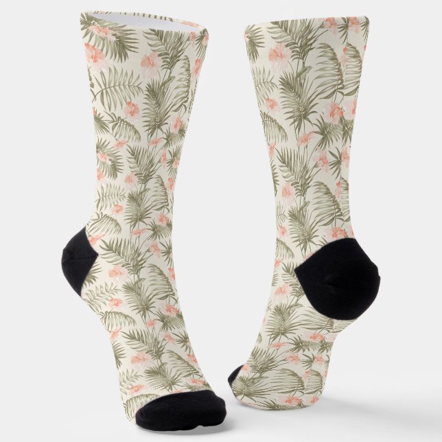 Tropical Hisbiscus Palm Tree Pattern Socks (Angled)