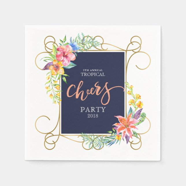 Tropical Holiday Cheers Flowers & Gold Frame Napkin (Front)