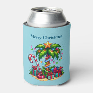 Tropical Holiday Palm Tree Merry Christmas Can Cooler