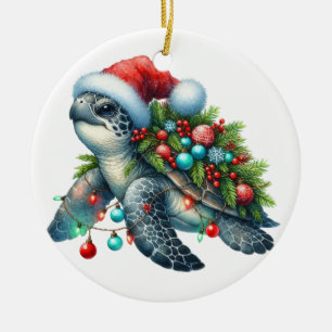 TROPICAL HOLIDAY TURTLE WITH CHRISTMAS LIGHTS CERAMIC ORNAMENT