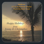 Tropical Holidays and Sunsets Return Address Square Sticker<br><div class="desc">This tropical palm tree sunset sticker makes a great envelope seal as well as a return address label.The sun sets behind a palm tree along the shoreline. You can make your own holiday greeting by personalizing the text template. If you need any assistance, feel free to contact me through my...</div>