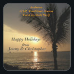 Tropical Holidays and Sunsets Return Address Square Sticker<br><div class="desc">This tropical palm tree sunset sticker makes a great envelope seal as well as a return address label.The sun sets behind a palm tree along the shoreline. You can make your own holiday greeting by personalizing the text template. If you need any assistance, feel free to contact me through my...</div>
