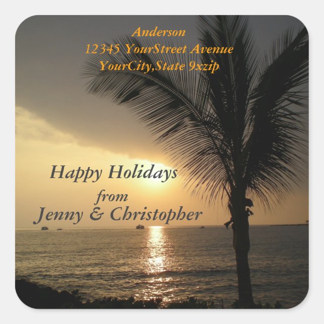 Tropical Holidays and Sunsets Return Address Square Sticker (Front)