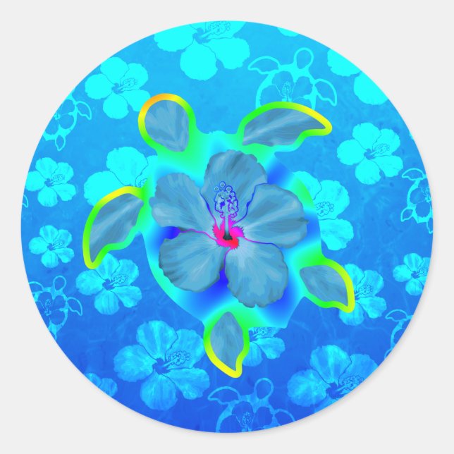 Tropical Honu Turtle and Hibiscus Classic Round Sticker (Front)