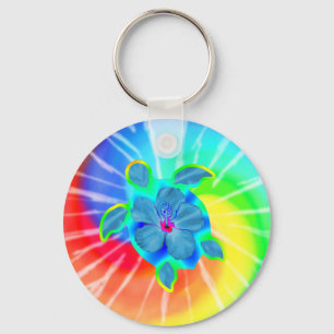 Tropical Honu Turtle and Hibiscus Keychain