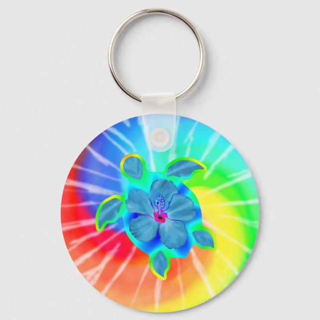 Tropical Honu Turtle and Hibiscus Keychain (Front)