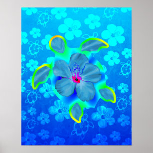 Tropical Honu Turtle and Hibiscus Poster