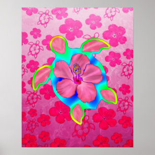 Tropical Honu Turtle and Hibiscus Poster