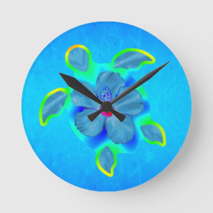 Tropical Honu Turtle and Hibiscus Round Clock