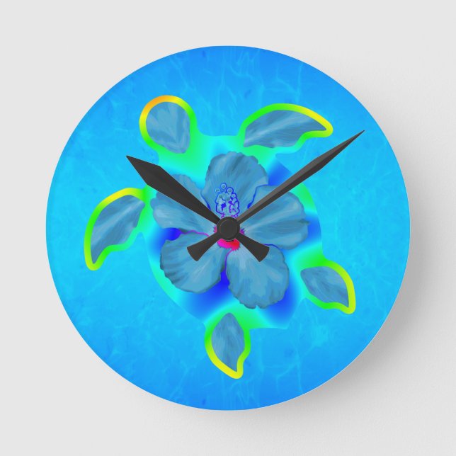Tropical Honu Turtle and Hibiscus Round Clock (Front)