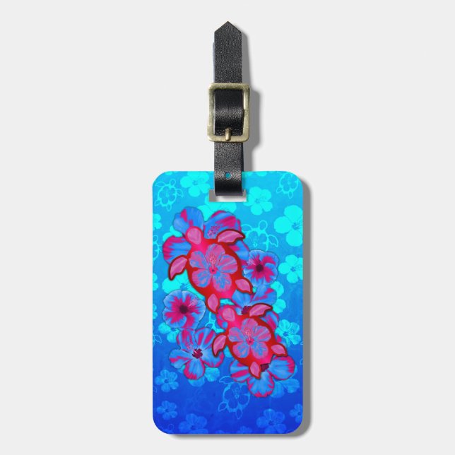 Tropical Honu Turtles And Hibiscus Flowers Luggage Tag (Front Vertical)