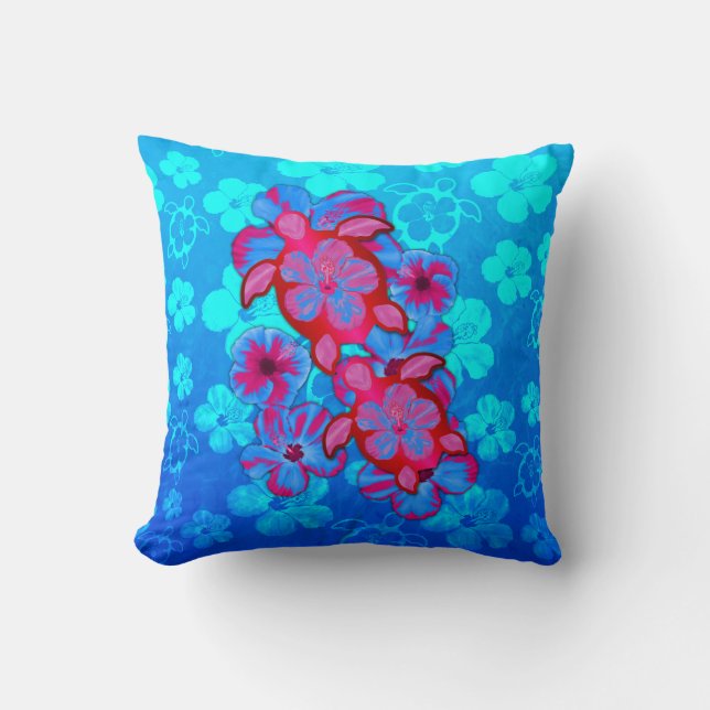 Tropical Honu Turtles And Hibiscus Flowers Throw Pillow (Front)