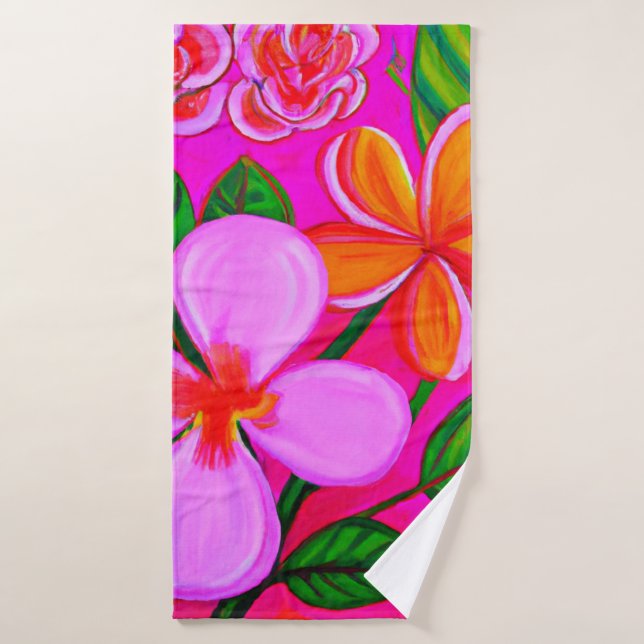 Tropical hot pink floral bath towel set (Bath Towel)