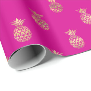 Tropical Hot Pink Gold Pineapple Pattern  Wrapping Paper