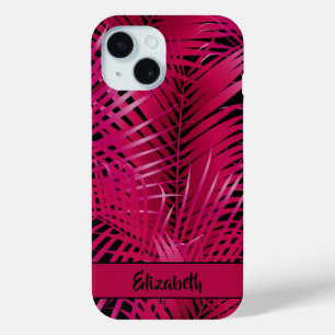 Tropical Hot Pink Palm Fronds Personalized Name iPhone 15 Case