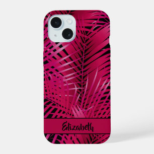 Tropical Hot Pink Palm Fronds Personalized Name iPhone 15 Case