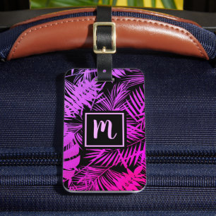 Tropical hot pink palm leaf modern chic monogram luggage tag