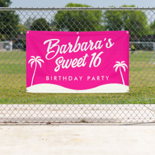 Tropical Hot Pink White Palm Tree Script Sweet 16  Banner