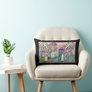 Tropical Houses White Palmtrees Lumbar Pillow