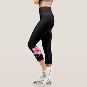 Tropical Hummingbird Black High Waisted Capri Leggings