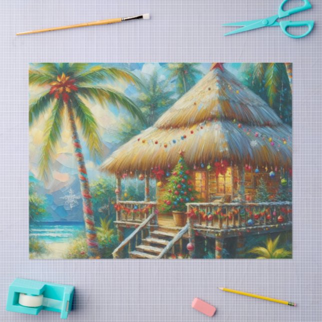 Tropical Hut Christmas Palm Tree Beach Decoupage Tissue Paper (Craft)