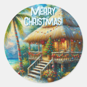 Tropical Hut Christmas Palm Tree Beach Lights Classic Round Sticker