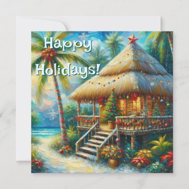 Tropical Hut Christmas Palm Tree Beach Lights  Holiday Card (Front)