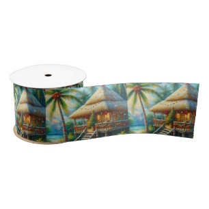 Tropical Hut Christmas Palm Tree Beach Lights  Satin Ribbon